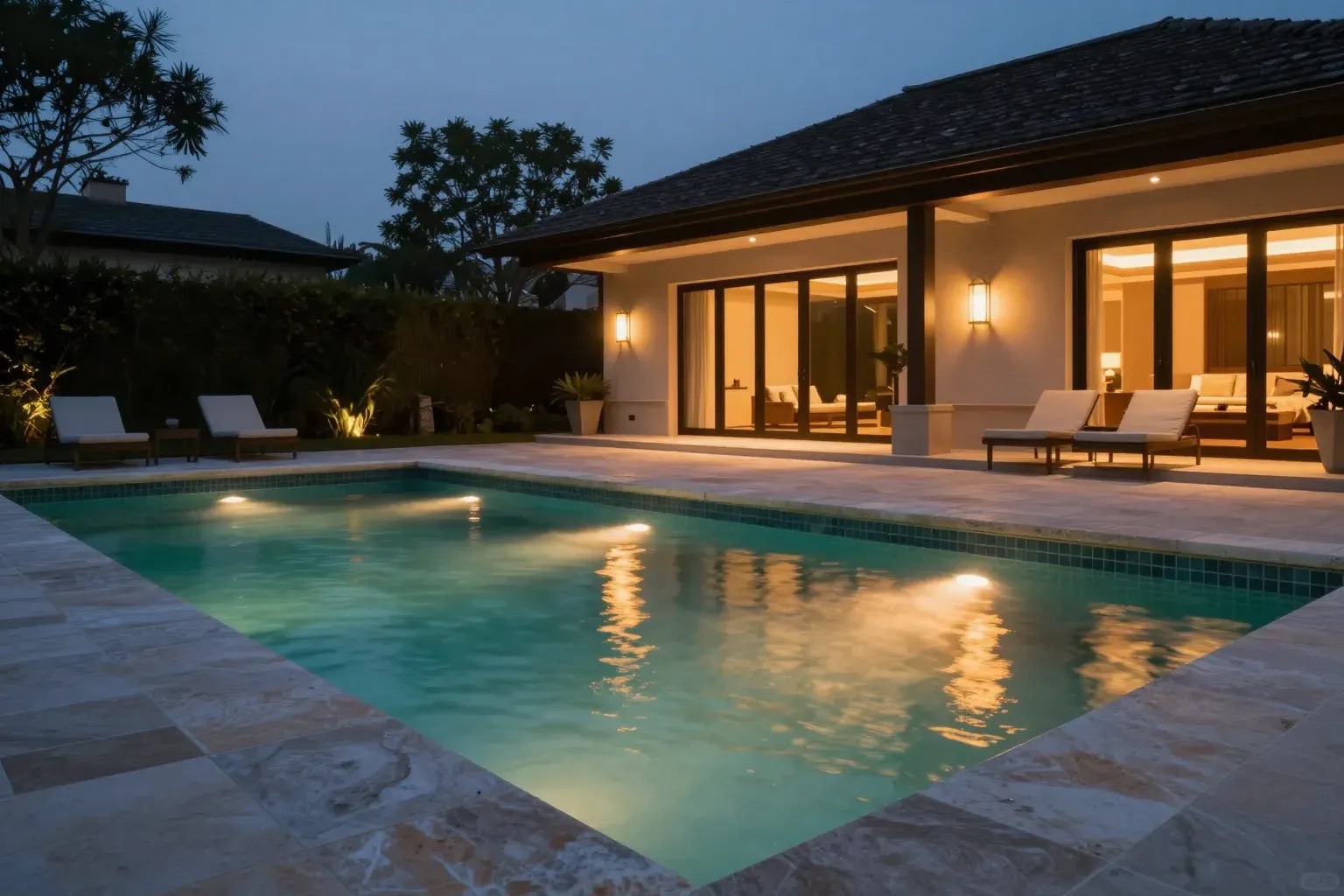 The pool at blue hour, lit warm from underwater lights, with the villa glowing behind it.
