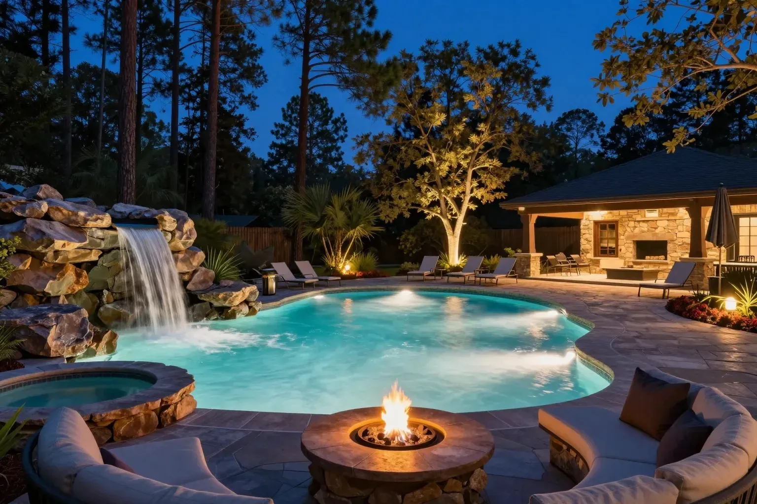 A backyard pool at night with a rock waterfall, a spa, a fire pit, a stone pavilion and tall trees.