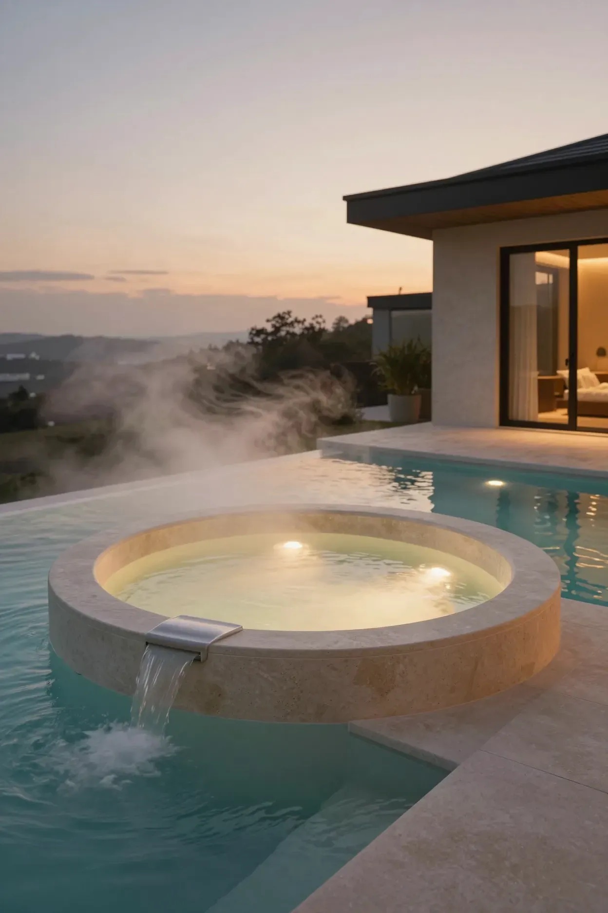 A round travertine spa spilling into the pool at dusk, with steam rising.
